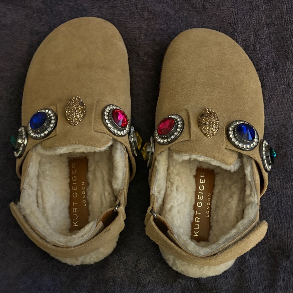Kurt Geiger Tan Suede Jeweled Shearling Loafers
